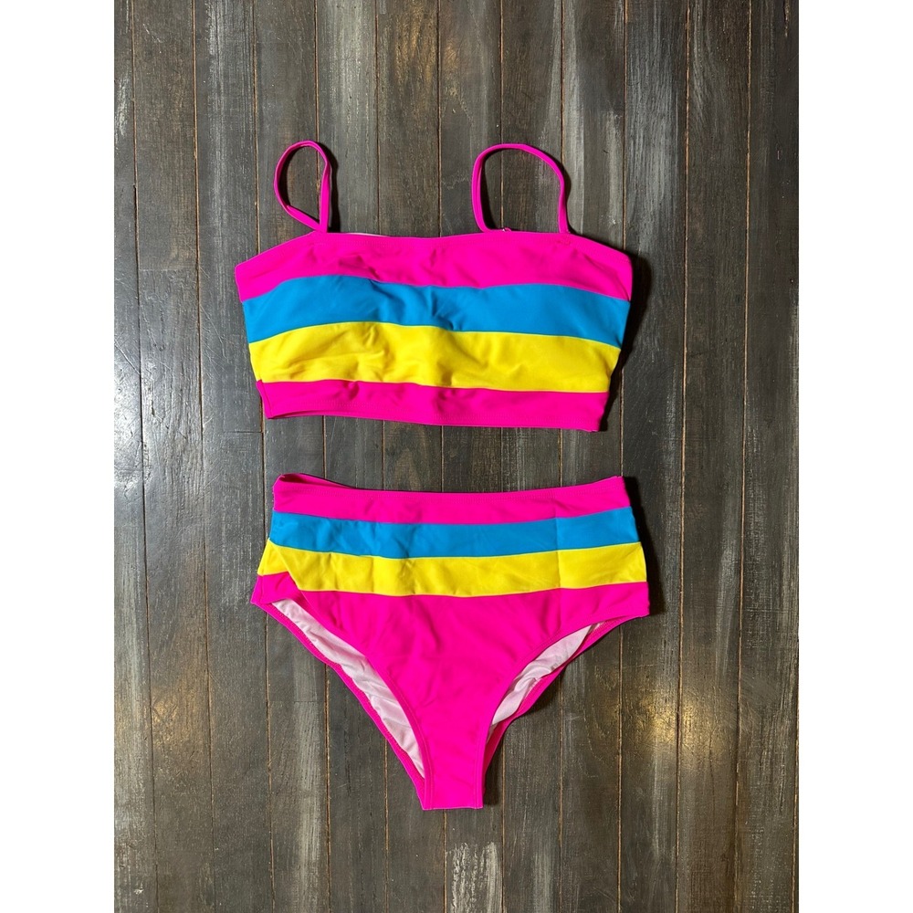 Pink Blue Yellow Striped High Waisted Bikini Set Two Piece Swimsuit Camisole Top